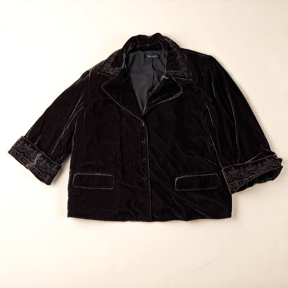 Tahari Velvet Embroidered Blazer Brown Small Women's Vintage Jacket Burn Flaw